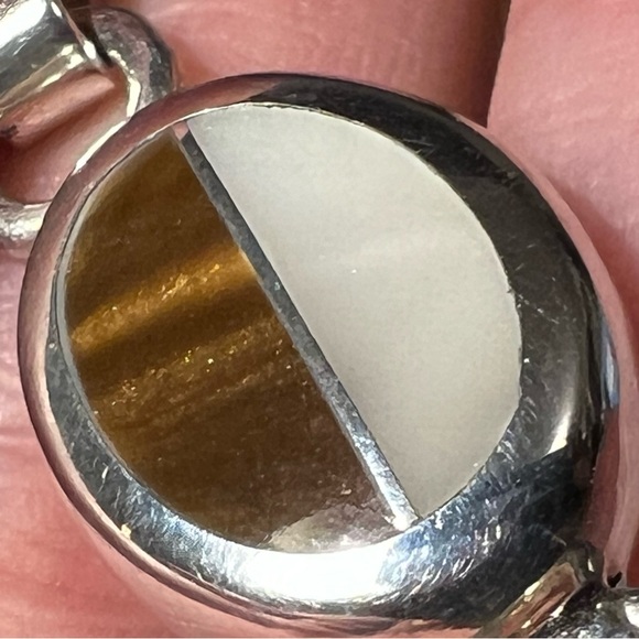 Authentic Mexico 925 signed Bracelet Tiger’s Eye Inlaid & White Stone Quartz - Picture 7 of 7